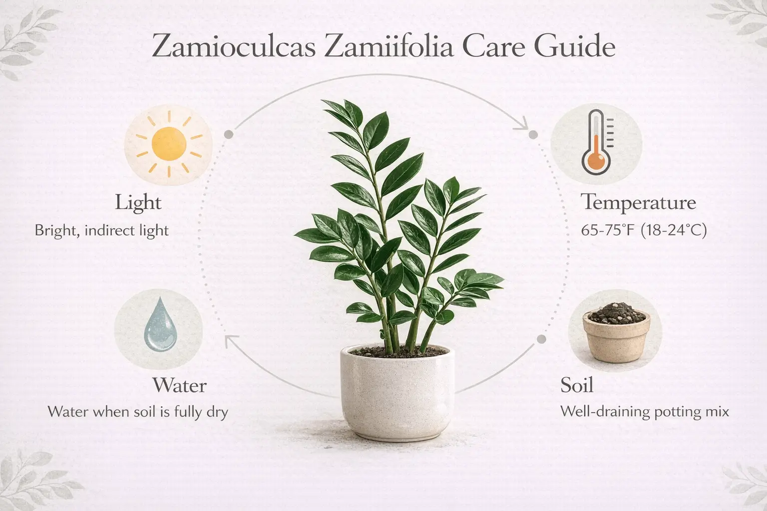 Infographic showing zamioculcas zamiifolia care including watering light soil and temperature needs