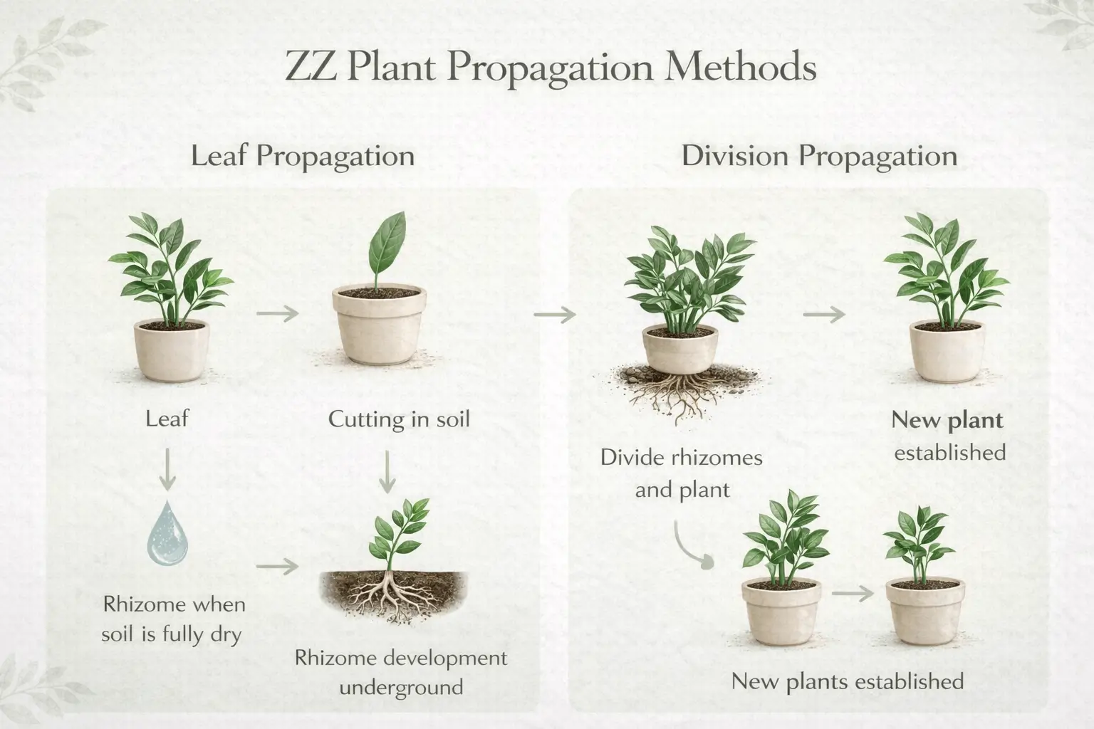 Infographic explaining how to propagate ZZ plant using leaf cuttings and rhizome division