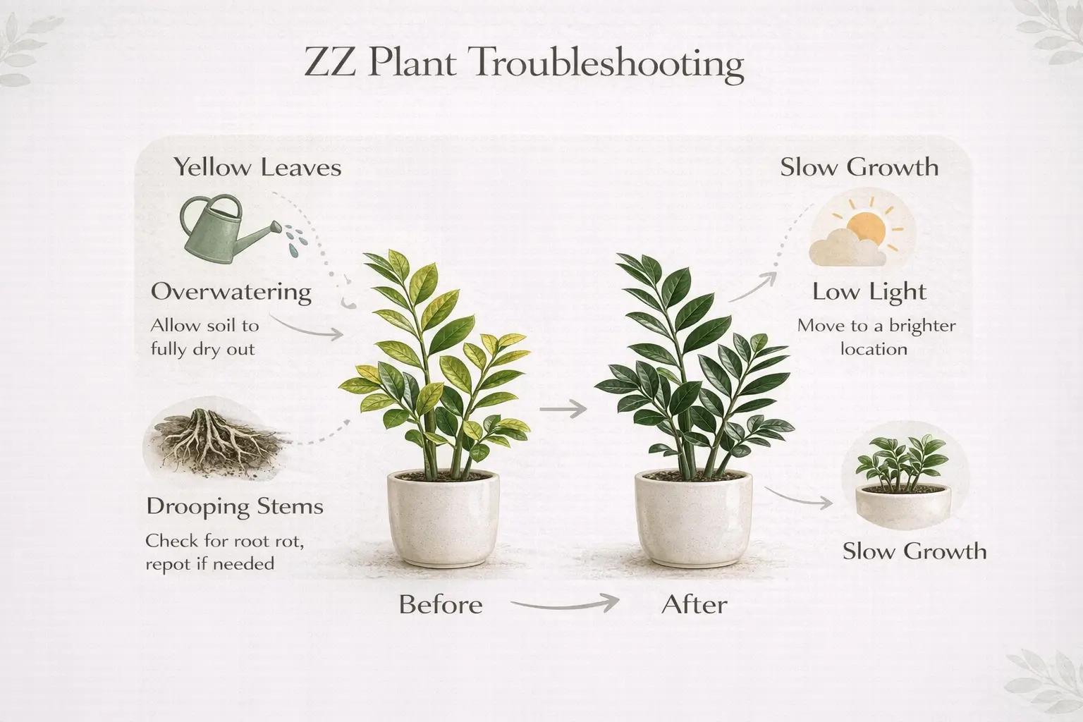 Infographic explaining common ZZ plant problems like yellow leaves overwatering and slow growth