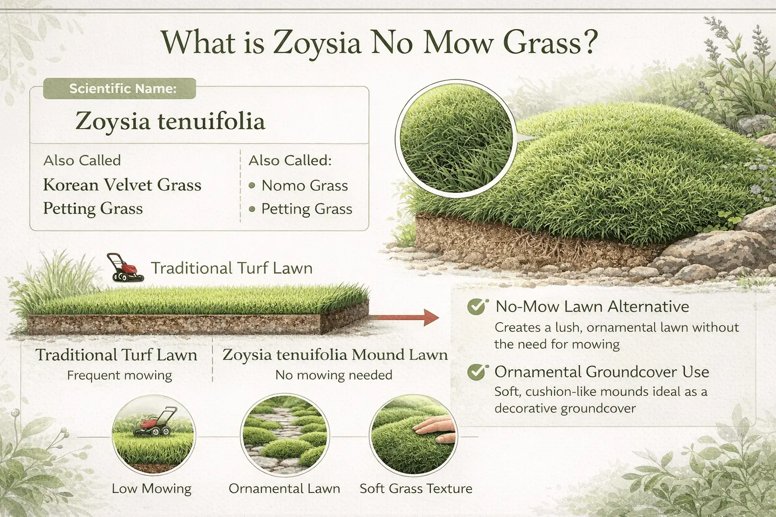 Infographic explaining what zoysia no mow grass is and how it differs from traditional turf lawns