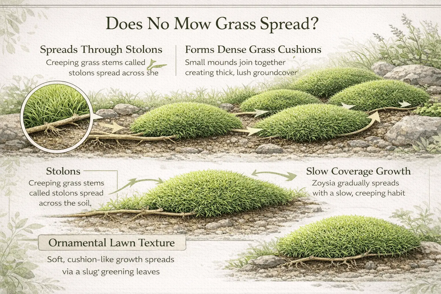 Infographic showing how zoysia no mow grass spreads through creeping stolons