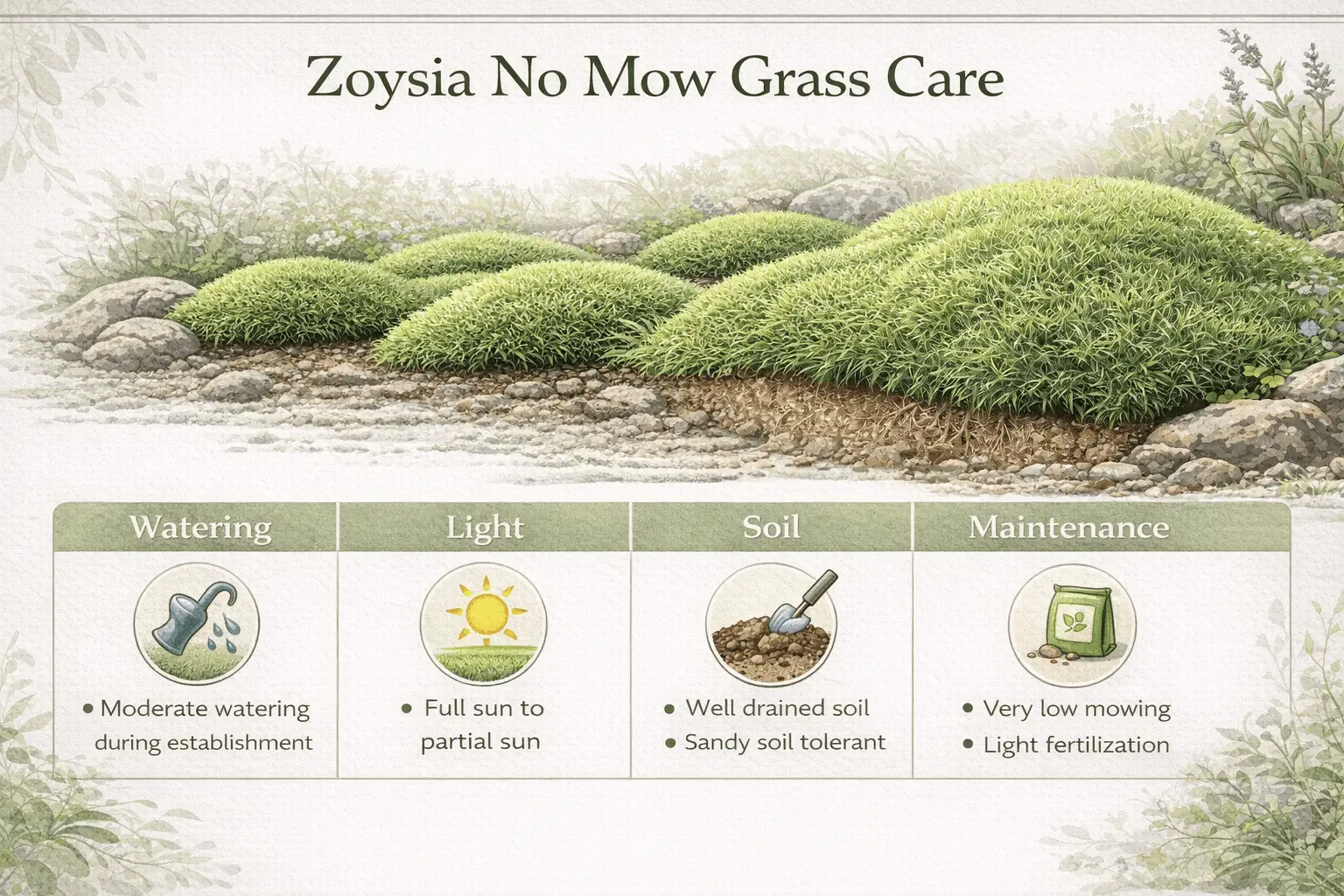 Infographic showing zoysia no mow grass care requirements including watering, sunlight, soil, and maintenance
