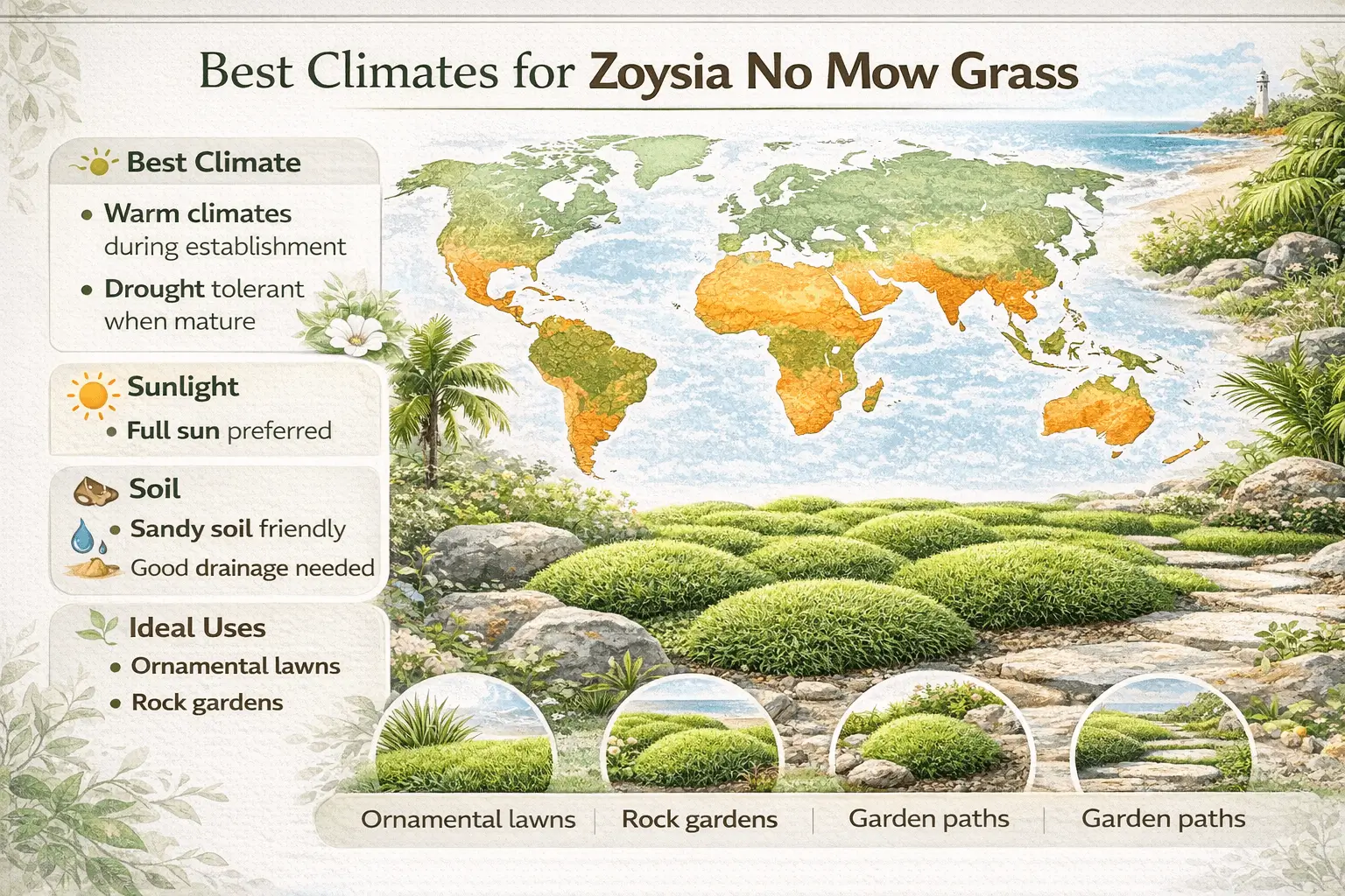 Infographic showing climates and environments where zoysia no mow grass grows best