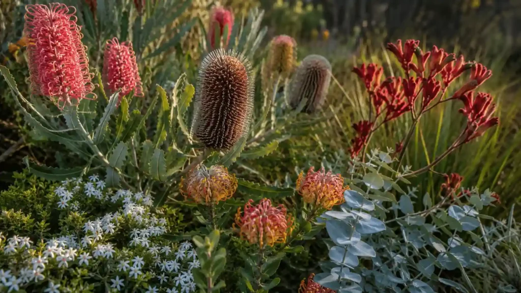 Diverse Australian native plants showing grevillea, banksia, kangaroo paw, and eucalyptus foliage.