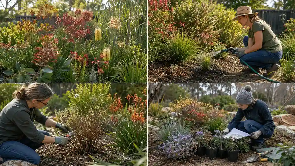 Four seasonal views of Australian native garden planting, watering, pruning, and planning.