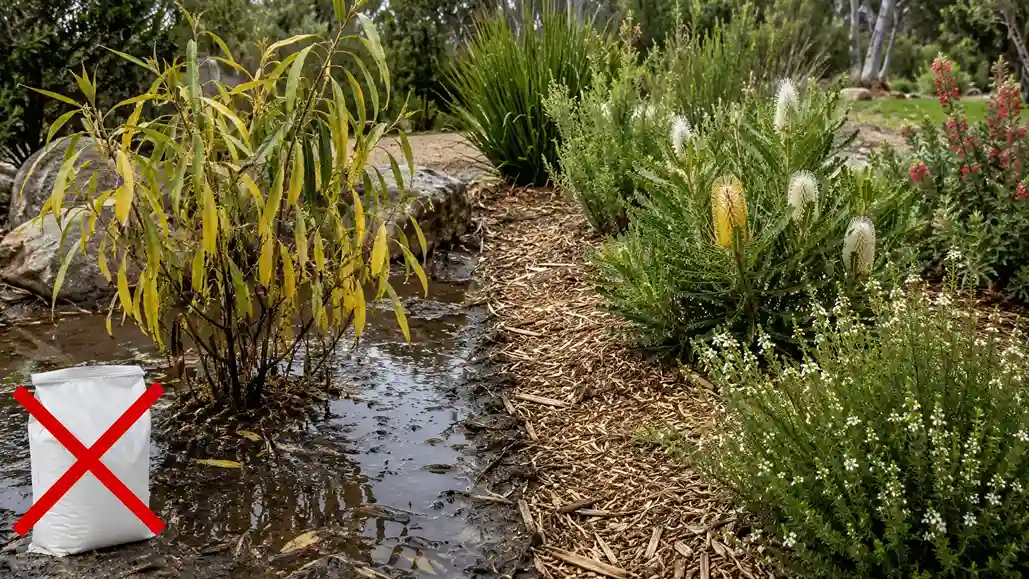 Overwatered native plant beside healthy garden bed showing common care mistakes.