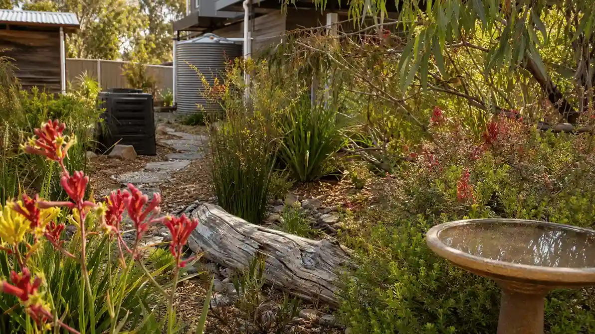 Eco-friendly native garden with rainwater tank, compost, bird bath, bees, and habitat logs.