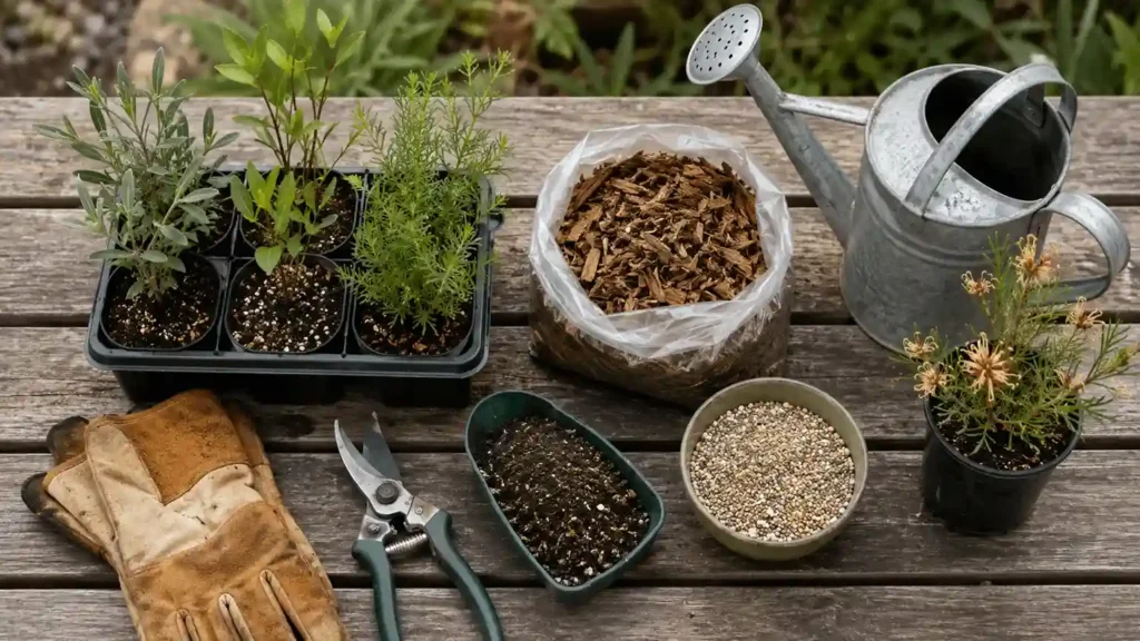 Native gardening checklist with seedlings, mulch, fertiliser, tools, soil, and watering can.