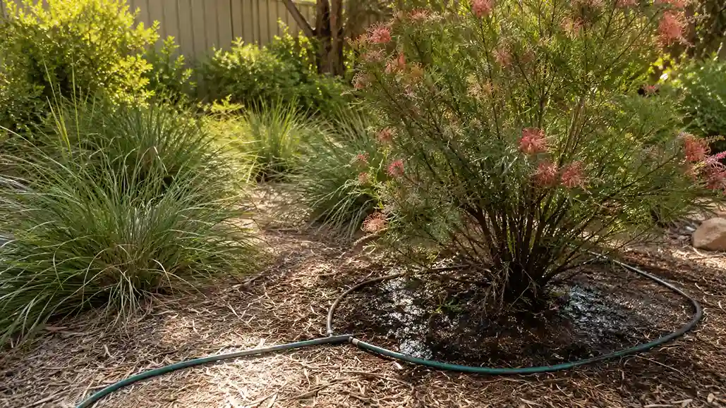 Deep watering established Australian native shrubs during dry summer garden conditions.