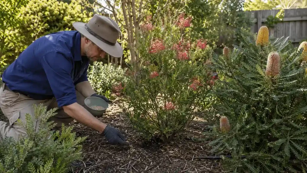 Gardener applying low-phosphorus native fertiliser around flowering grevillea and banksia plants.