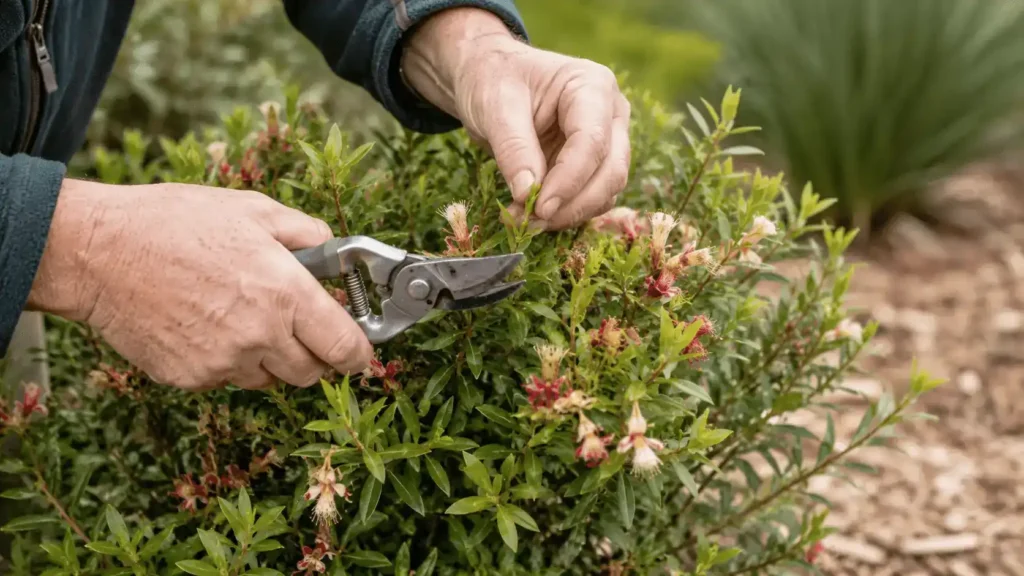Gardener tip pruning native flowering shrub to encourage compact healthy new growth.