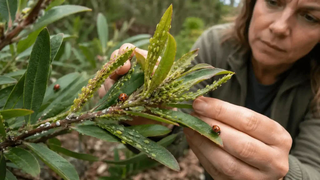 Gardener inspecting native plant leaves for aphids, scale insects, and ladybirds.