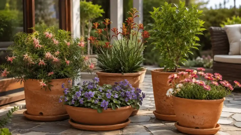 Potted Australian natives with kangaroo paw, paper daisies, grevillea, and lemon myrtle.
