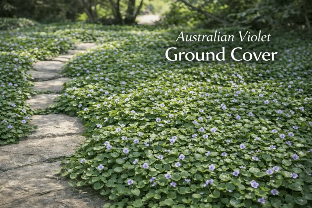 Australian violet ground cover forming a dense carpet with small purple flowers in a shaded garden