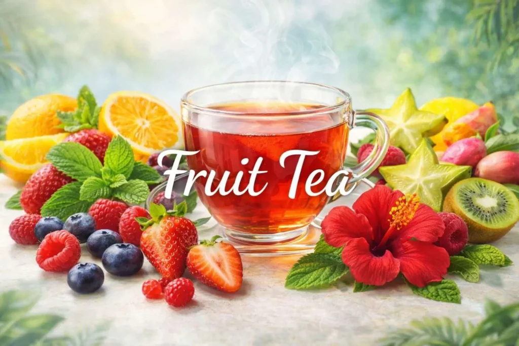 Banner image of a cup of fruit tea with fresh fruits and herbs, featuring the text ‘Fruit Tea