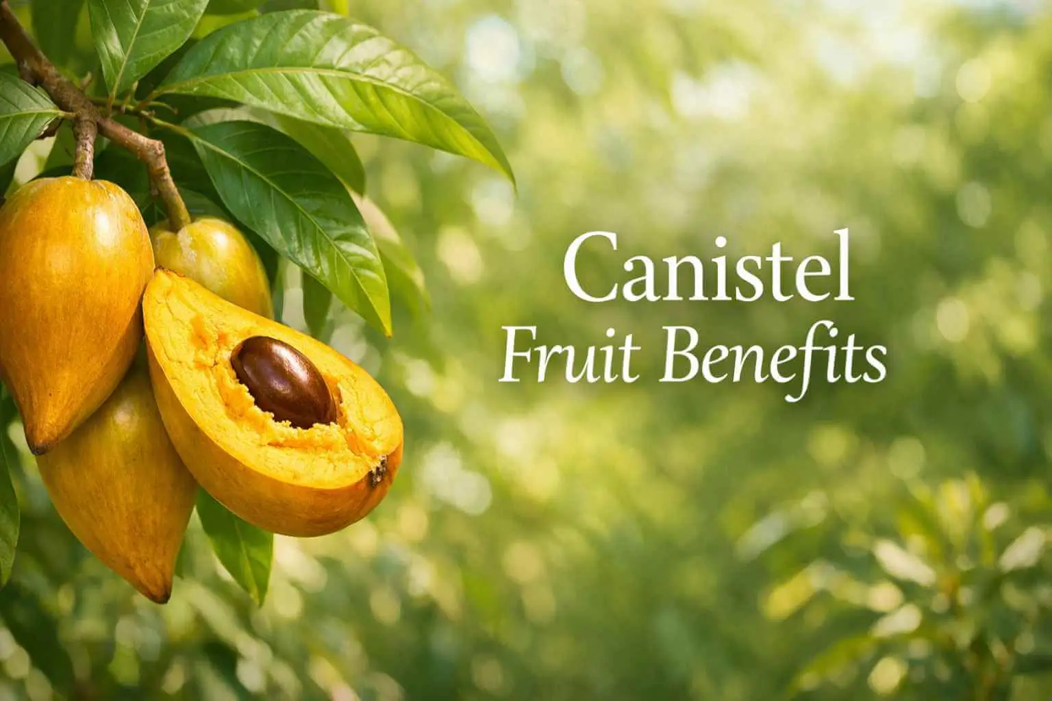 Canistel fruit benefits banner showing ripe egg fruit and sliced canistel with bright yellow flesh.