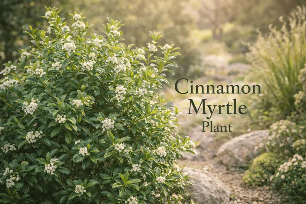 Cinnamon myrtle plant Backhousia myrtifolia growing in a garden with aromatic leaves