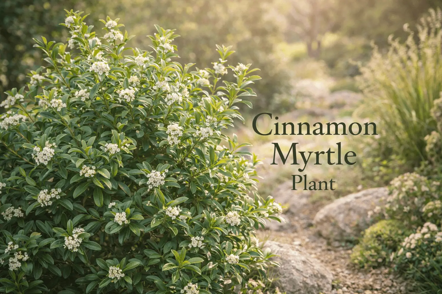 Cinnamon myrtle plant Backhousia myrtifolia growing in a garden with aromatic leaves