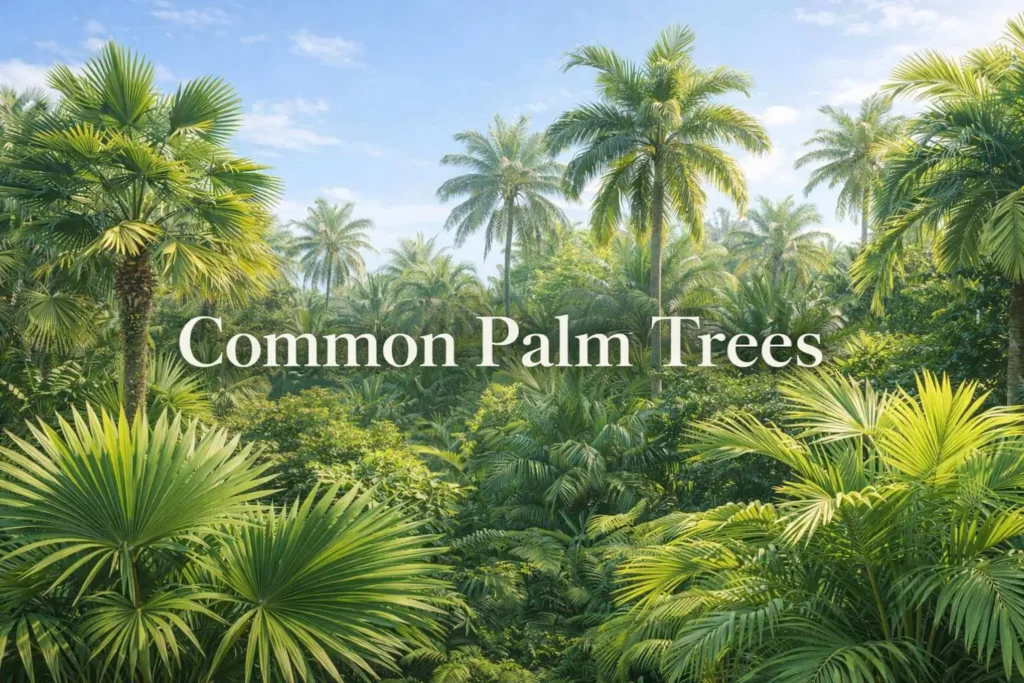 Common palm trees in tropical landscape with fan and feather palms
