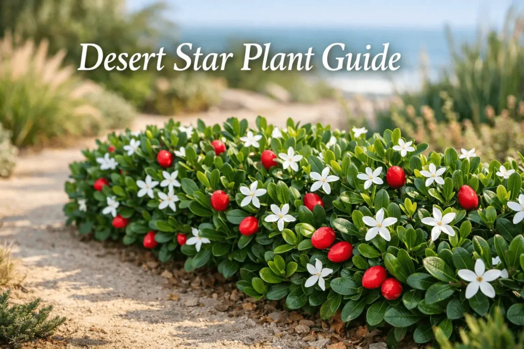 Desert star plant hedge with glossy leaves, white flowers, and red fruit growing in a coastal garden landscape.
