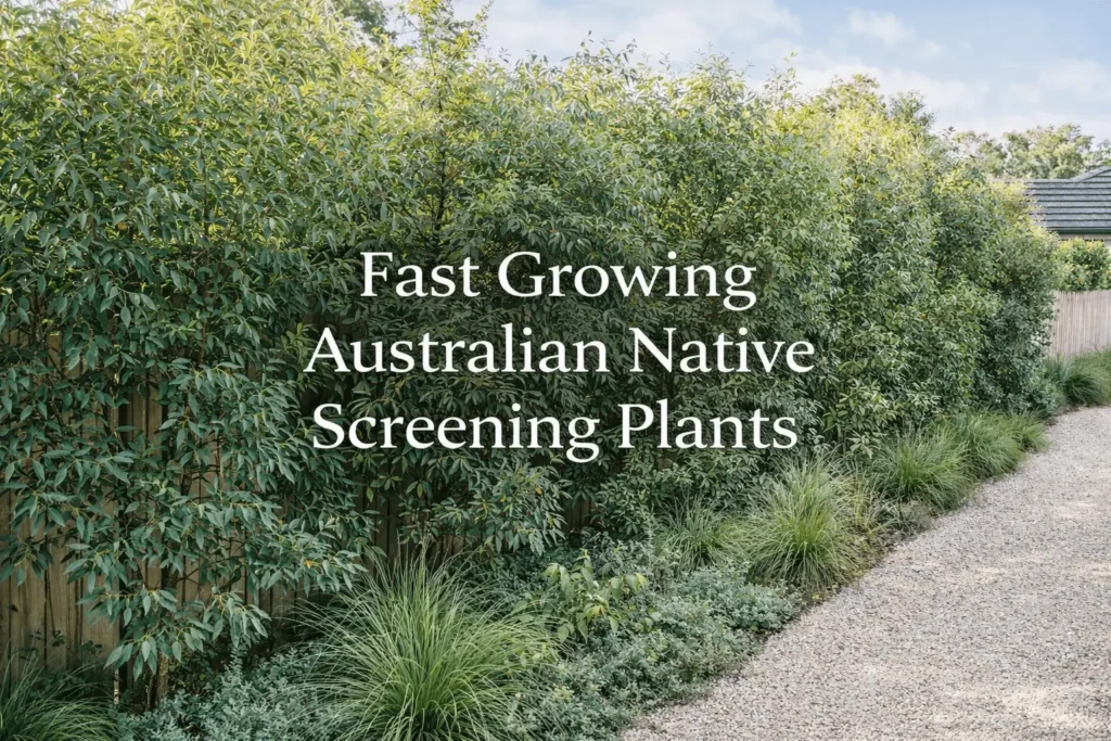 Fast growing Australian native screening plants forming a dense privacy hedge along a garden fence