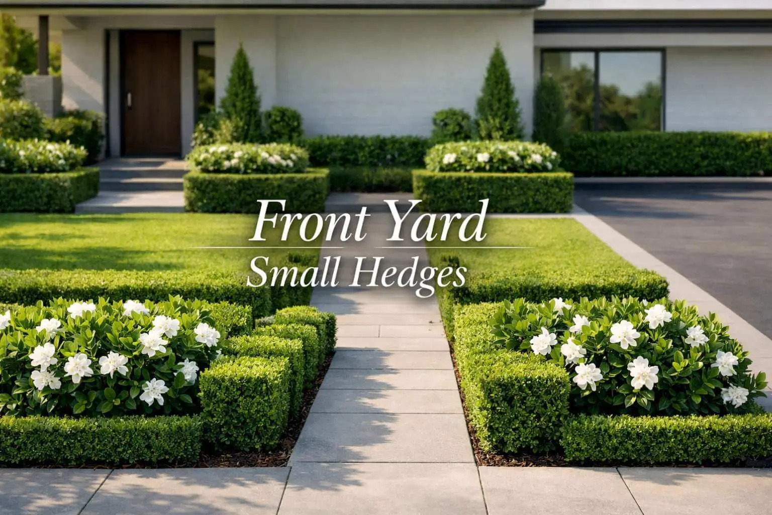 Front yard small hedges landscaping with gardenia hedge and modern design