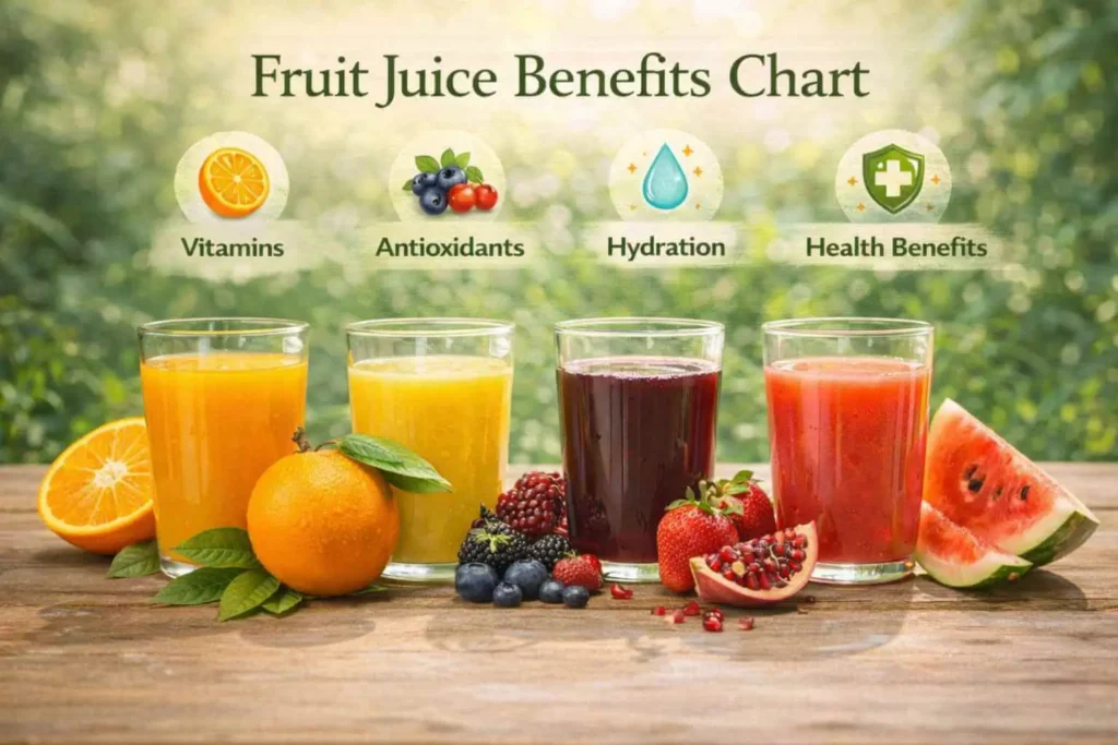 Fruit juice benefits chart comparing health benefits of different fruit juices