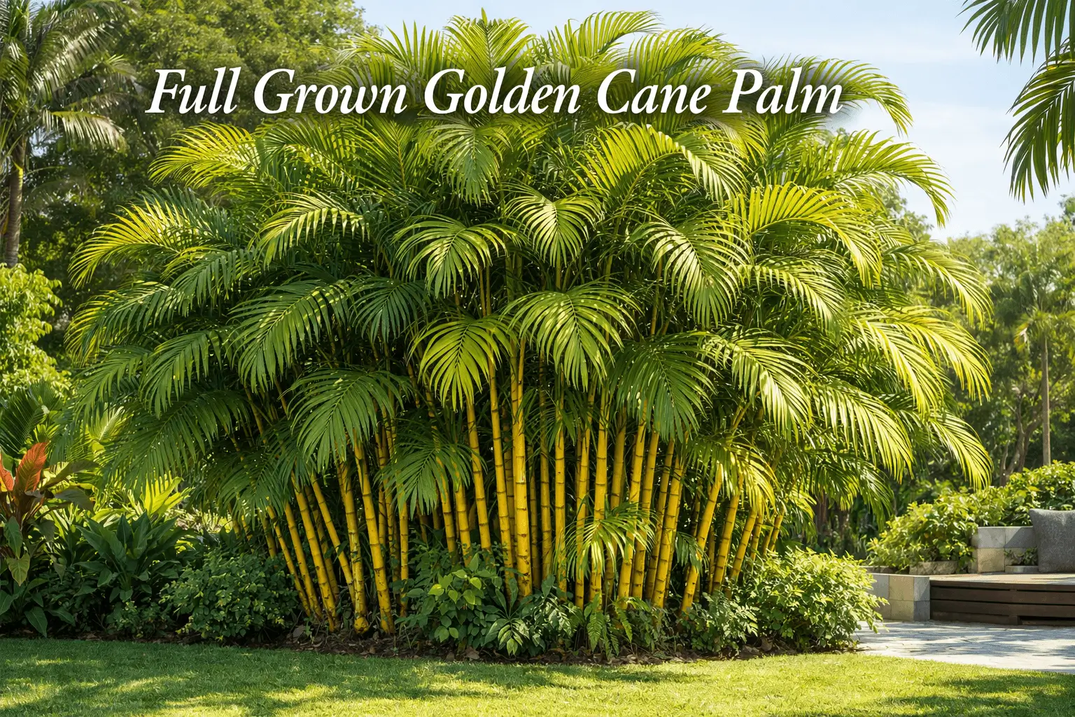 Full grown golden cane palm tree with tall clumping stems and lush tropical fronds in a garden landscape