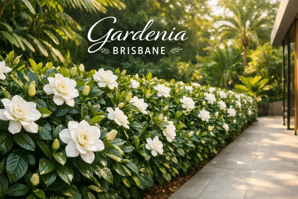 Gardenia Brisbane hedge with fragrant white flowers in a subtropical garden landscape