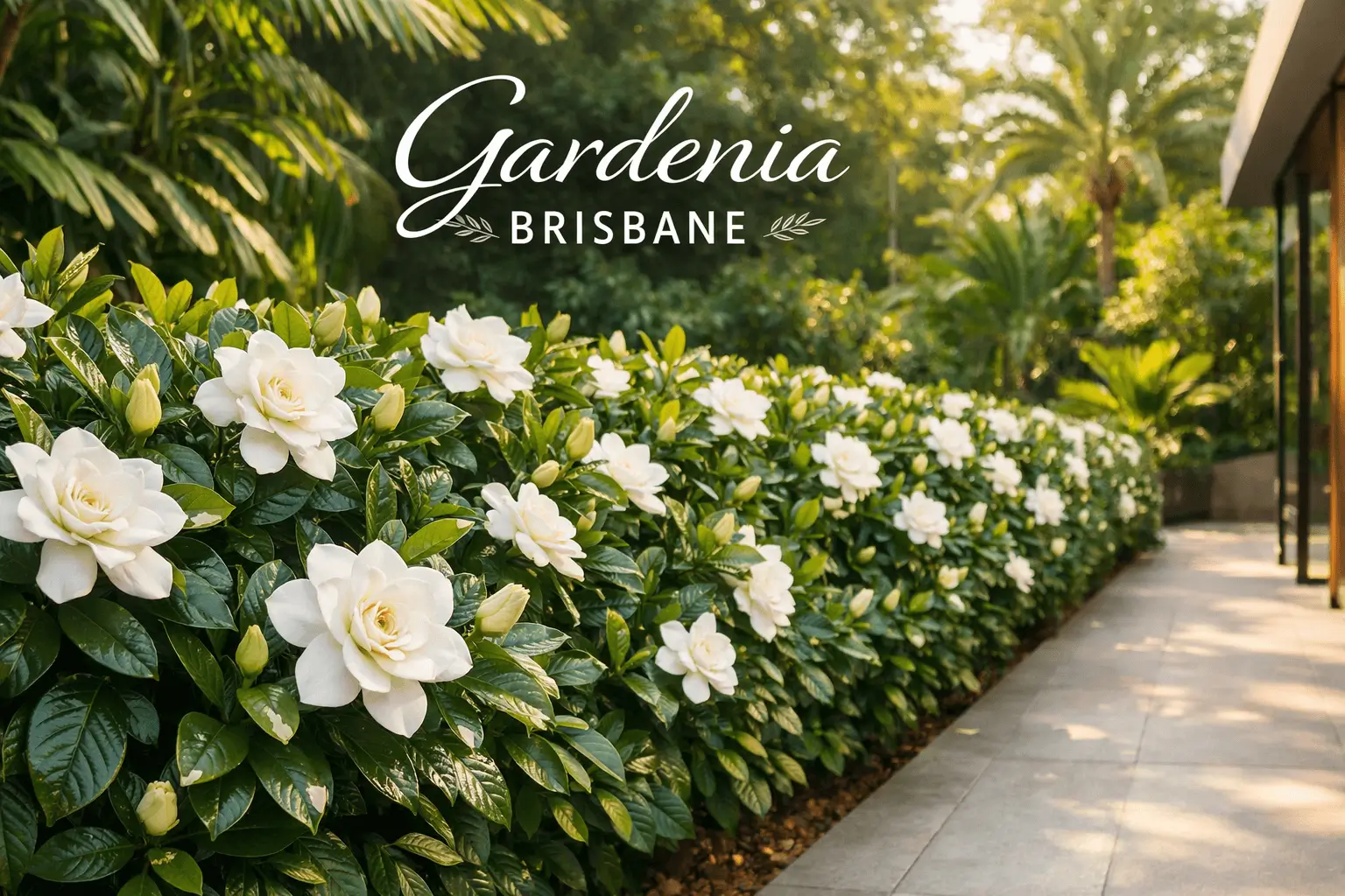 Gardenia Brisbane hedge with fragrant white flowers in a subtropical garden landscape