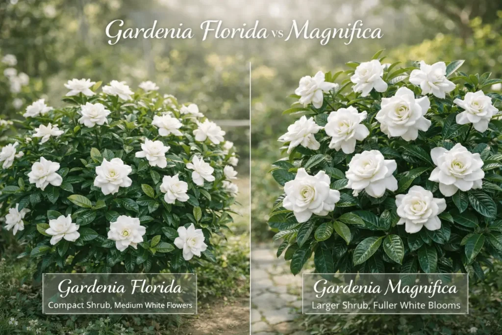 Gardenia florida vs magnifica comparison showing differences in flower size and plant growth.