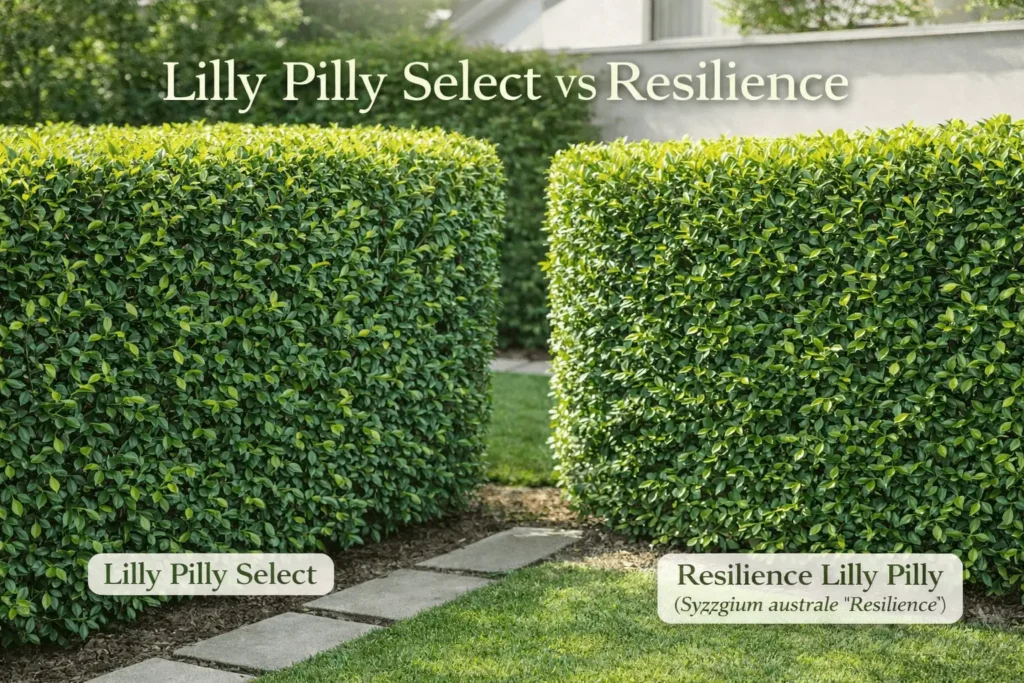 Lilly pilly select vs resilience hedge comparison showing dense Australian native hedging plants.