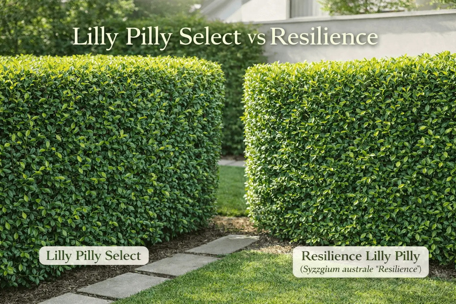 Lilly pilly select vs resilience hedge comparison showing dense Australian native hedging plants.
