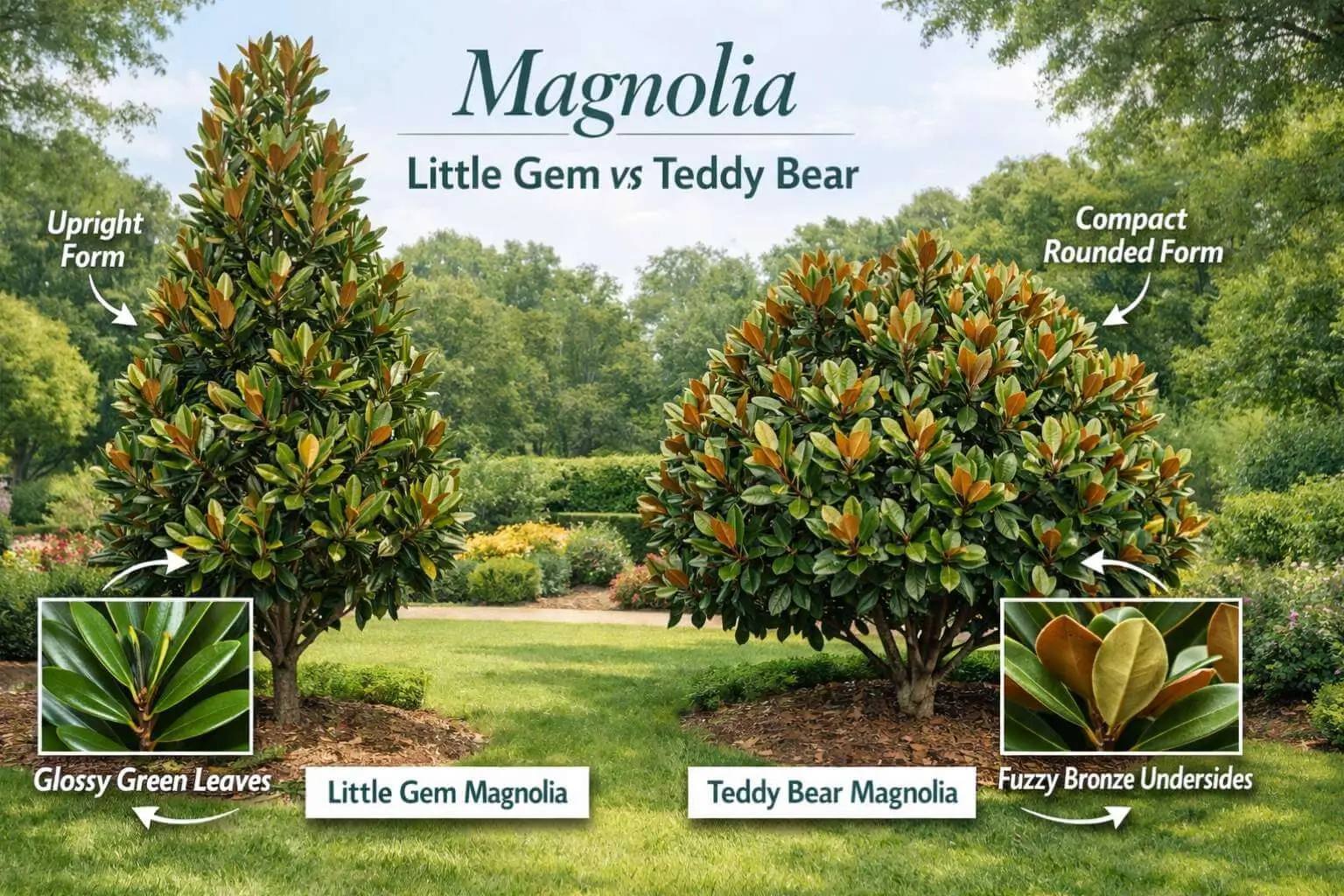Magnolia little gem vs teddy bear comparison showing two evergreen magnolia trees side by side highlighting growth habit and foliage differences.