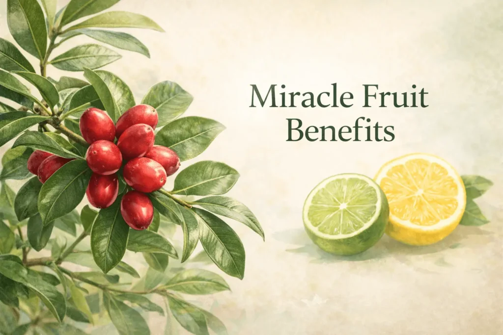 Miracle fruit benefits banner showing miracle berries Synsepalum dulcificum with lemons demonstrating taste transformation.