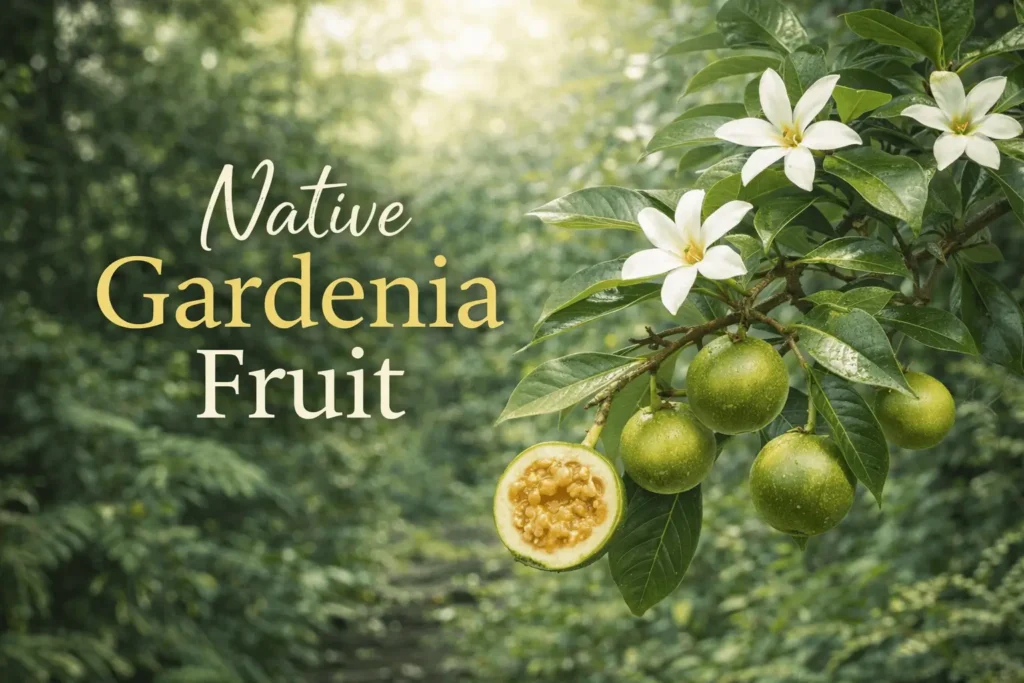 Native gardenia fruit growing on Randia fitzalanii tree in Australian rainforest