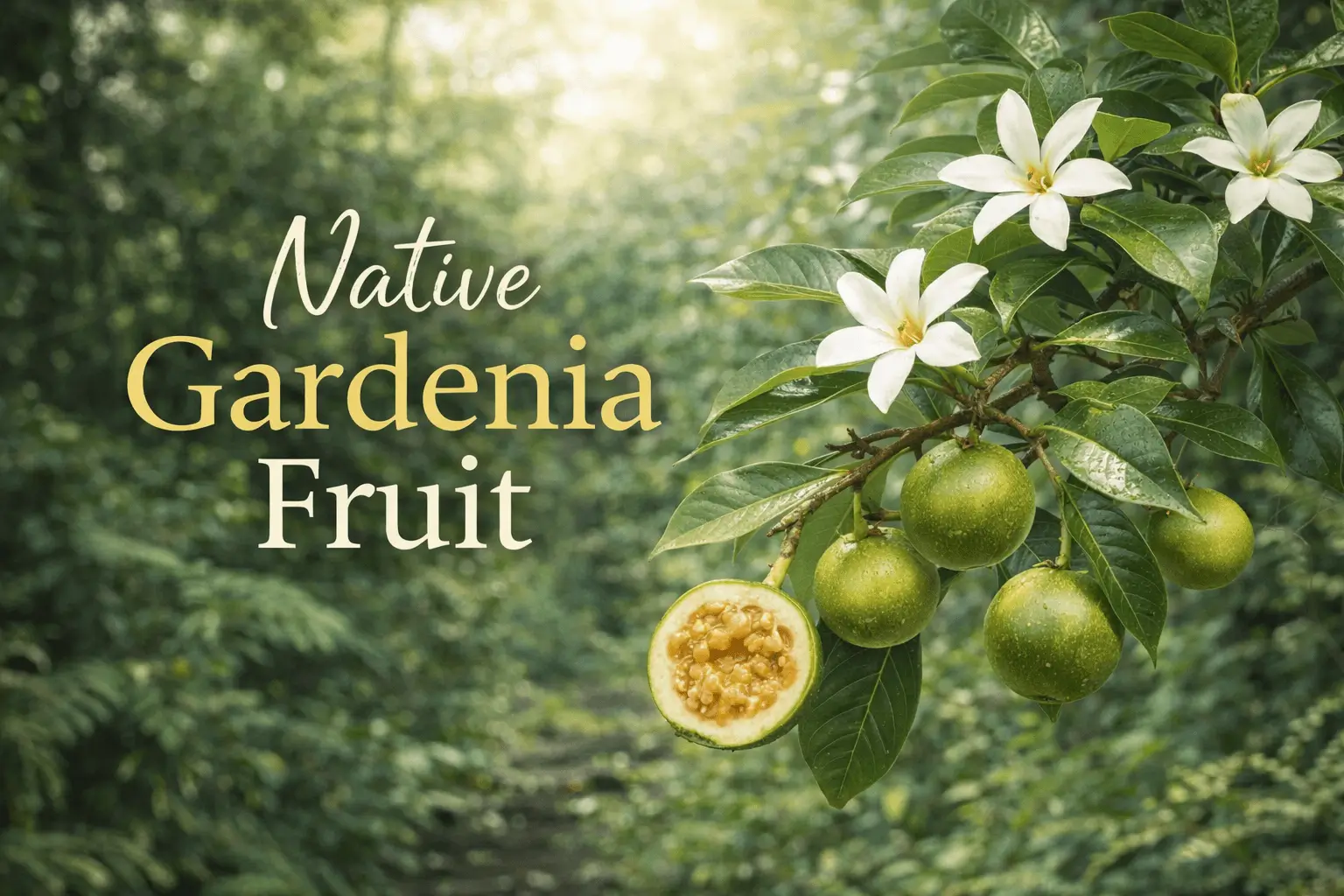 Native gardenia fruit growing on Randia fitzalanii tree in Australian rainforest