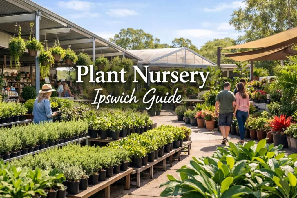 Plant nursery Ipswich guide banner showing indoor and outdoor plants in a modern garden center