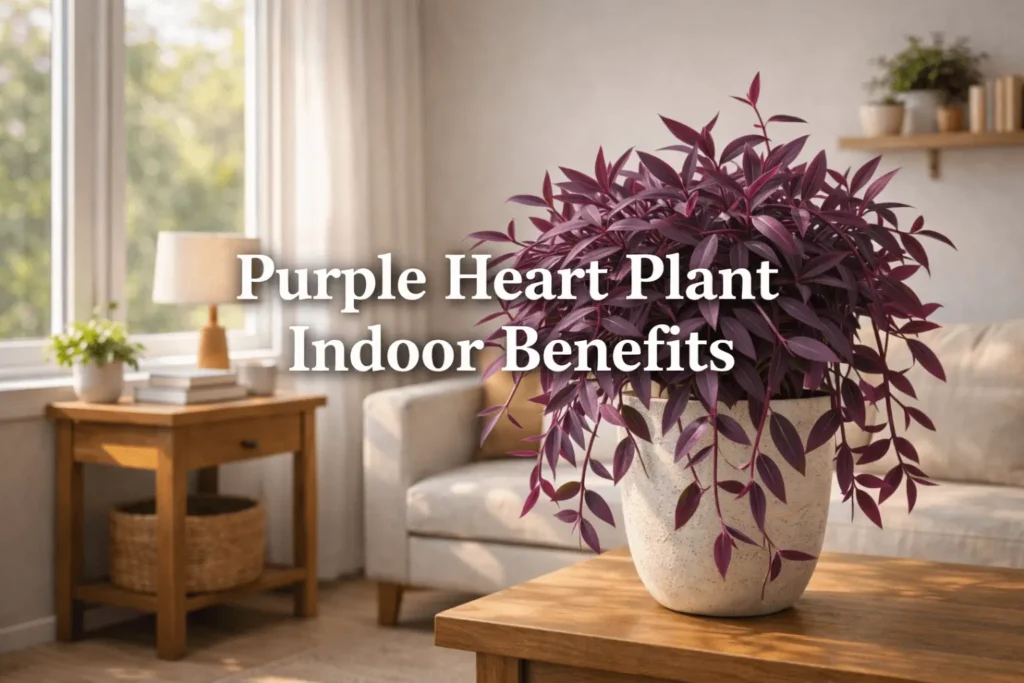 purple heart plant indoor benefits Tradescantia pallida houseplant in bright indoor space
