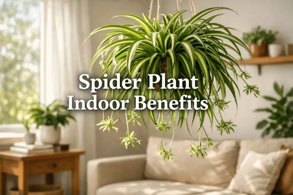 Spider plant indoor benefits illustrated with a healthy hanging spider plant in a bright modern living room