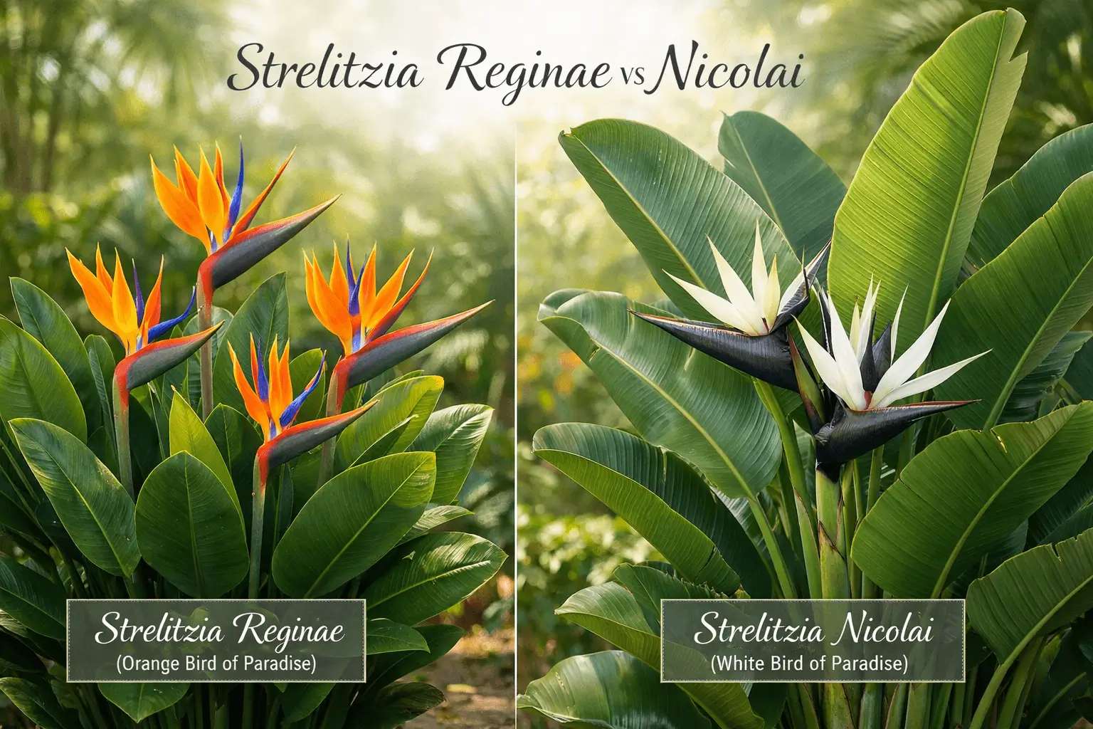 Strelitzia reginae vs nicolai comparison showing orange bird of paradise and white bird of paradise plants side by side