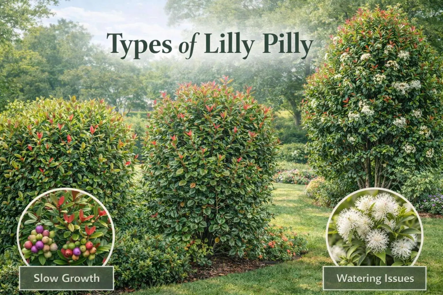Types of lilly pilly plants including hedge shrubs and tall trees used for garden landscaping