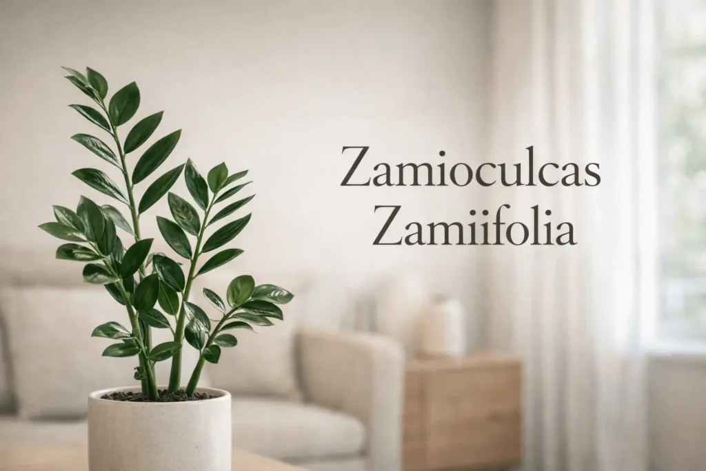 Zamioculcas zamiifolia ZZ plant with glossy leaves growing indoors in a modern living room