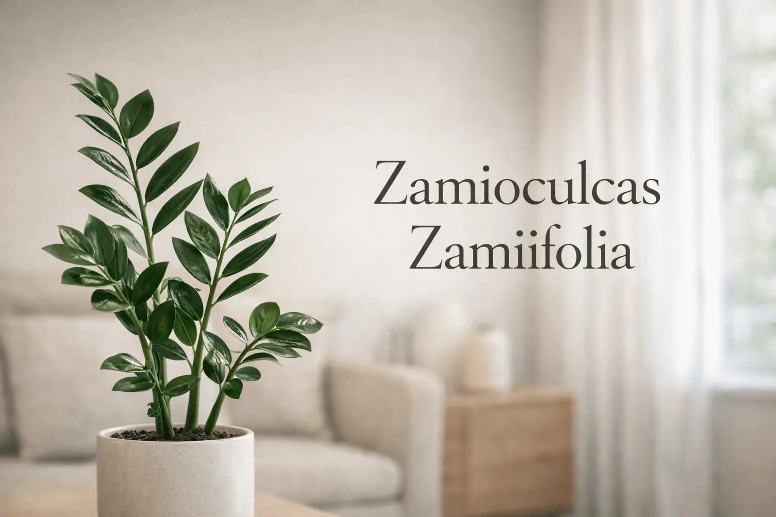 Zamioculcas zamiifolia ZZ plant with glossy leaves growing indoors in a modern living room